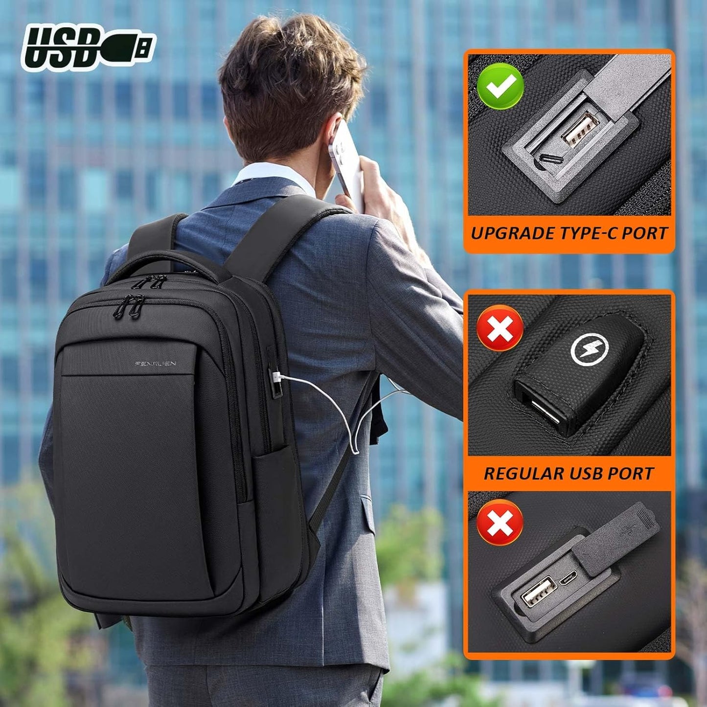 FENRUIEN Expandable Travel Backpack for Men, Water Resistant Computer Backpack with USB Charging Port，Black Laptop Bag 15.6 Inch