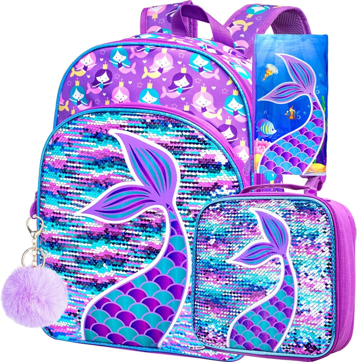3PCS Girls Backpack, 16" Sequin Prechool Elementary Bookbag and Lunch Box
