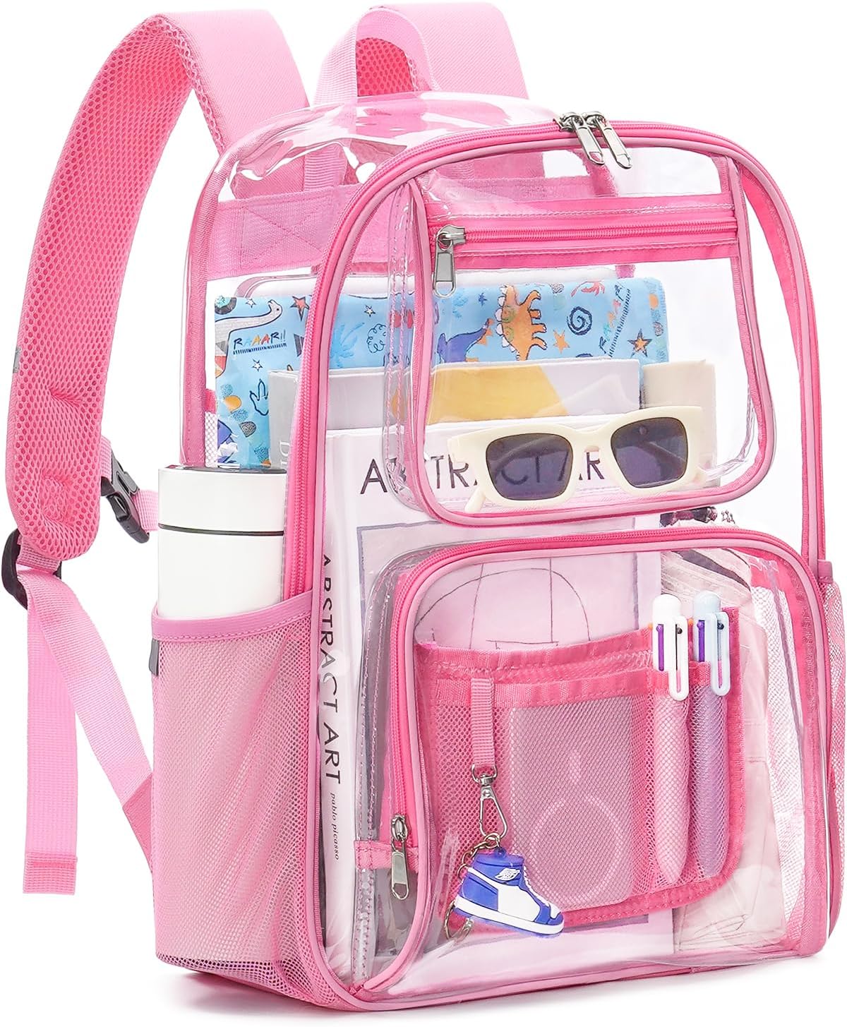 Heavy Duty Clear Backpack For Kids Women Men Boys Girls, 17 Inch Large See Through Backpack, 360° 3M Reflective Strips Clear Bookbag, Transparent Bag For School College Sport Work Security, Pink