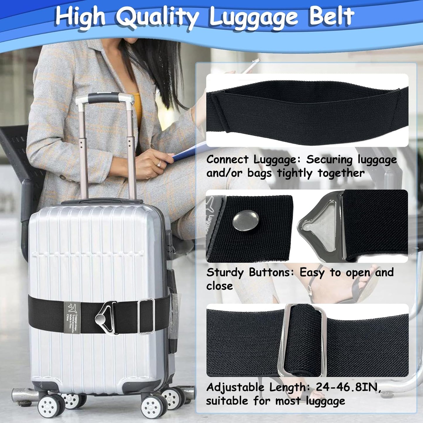 Luggage Straps Travel Belt for Luggage, Add a Bag Luggage Strap for Backpack, 2-in-1 Suitcase Belts Adjustable Elastic Airport Travel Accessories for Women & Men