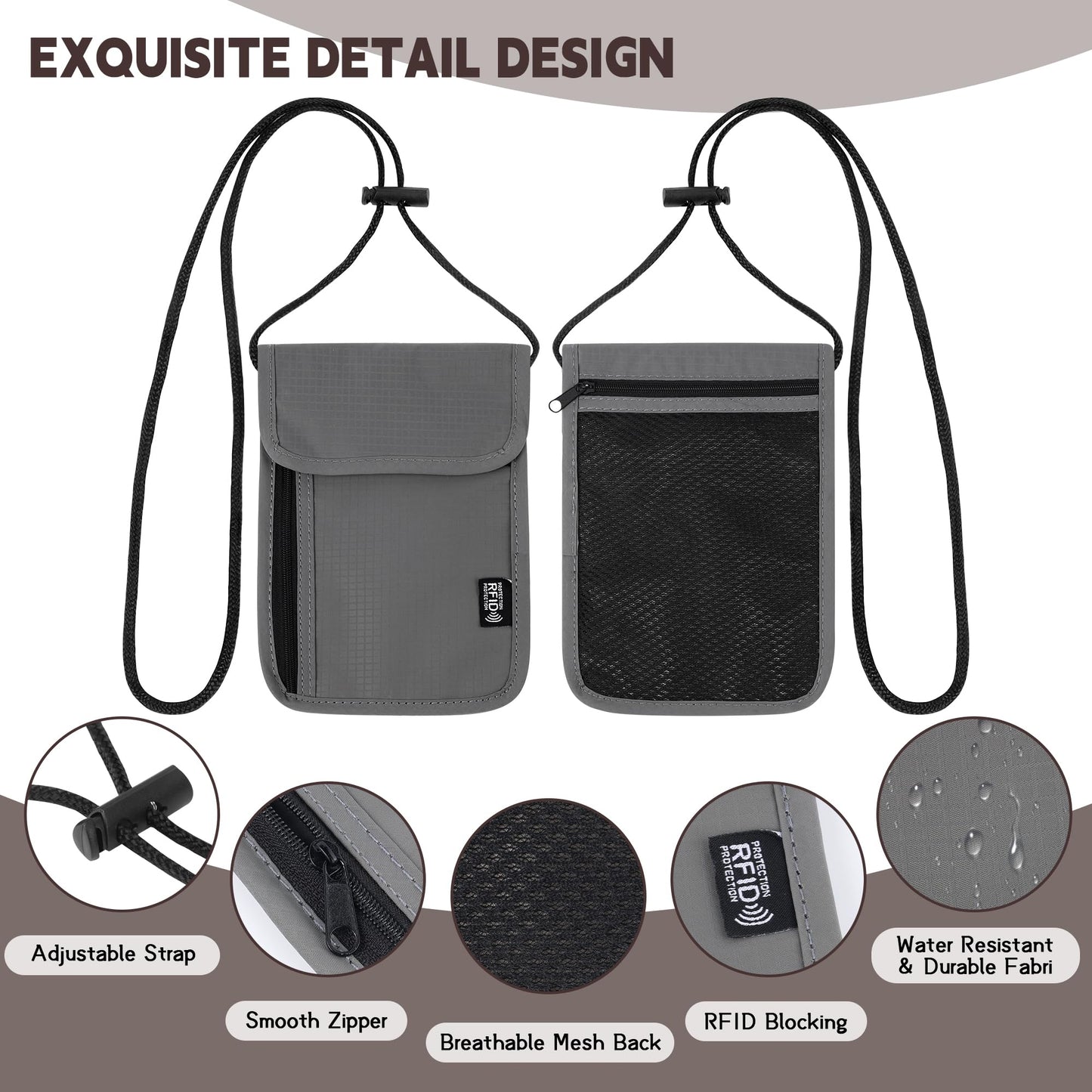 Likesing 5.5" L x 7.9" W Travel Neck Wallet, RFID Passport Holder (Grey)