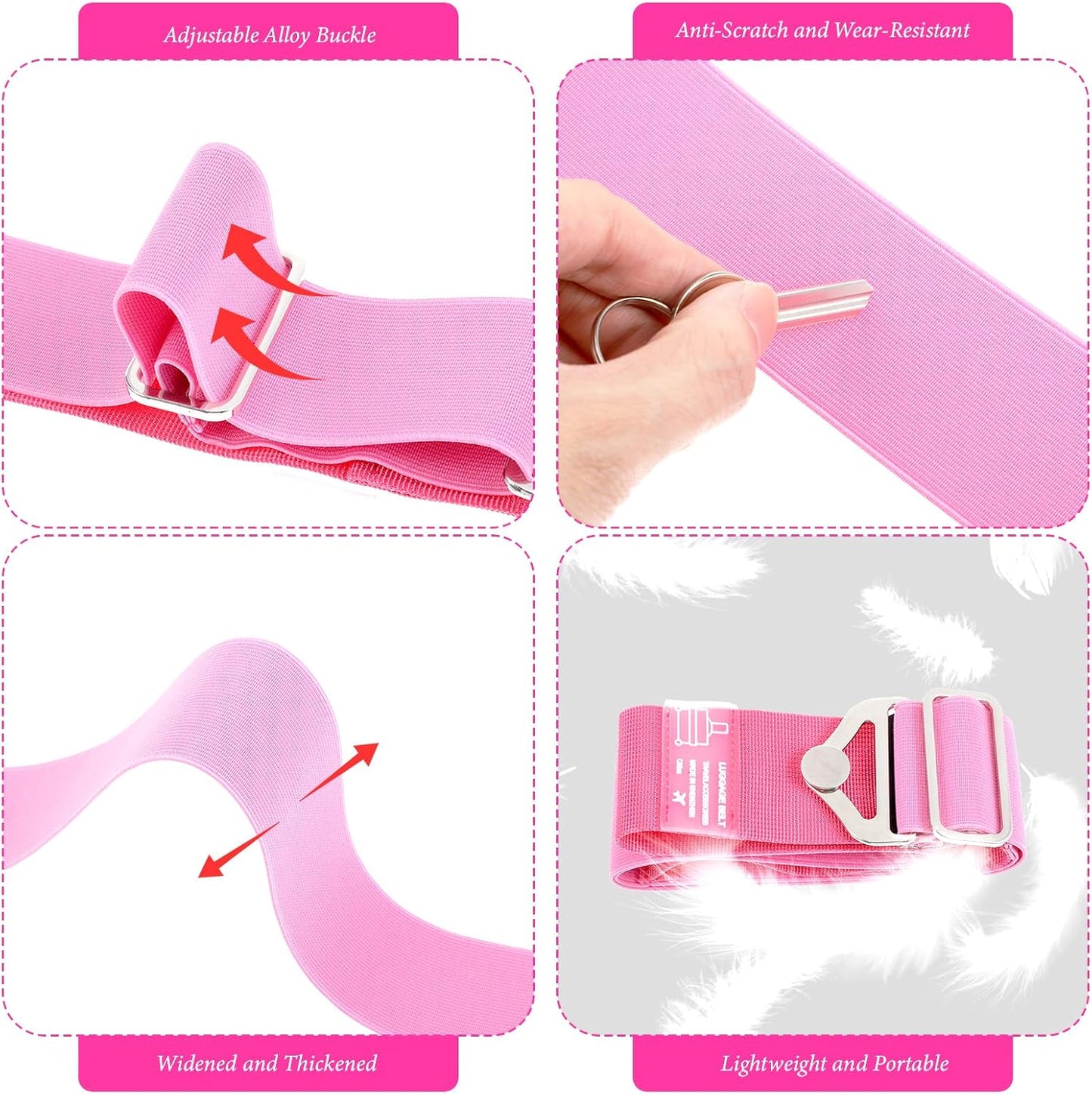Luggage Straps for Suitcases, Adjustable Travel Belt with Alloy Buckle, Elastic Carry On Strap for Secure Luggage, Rose Red