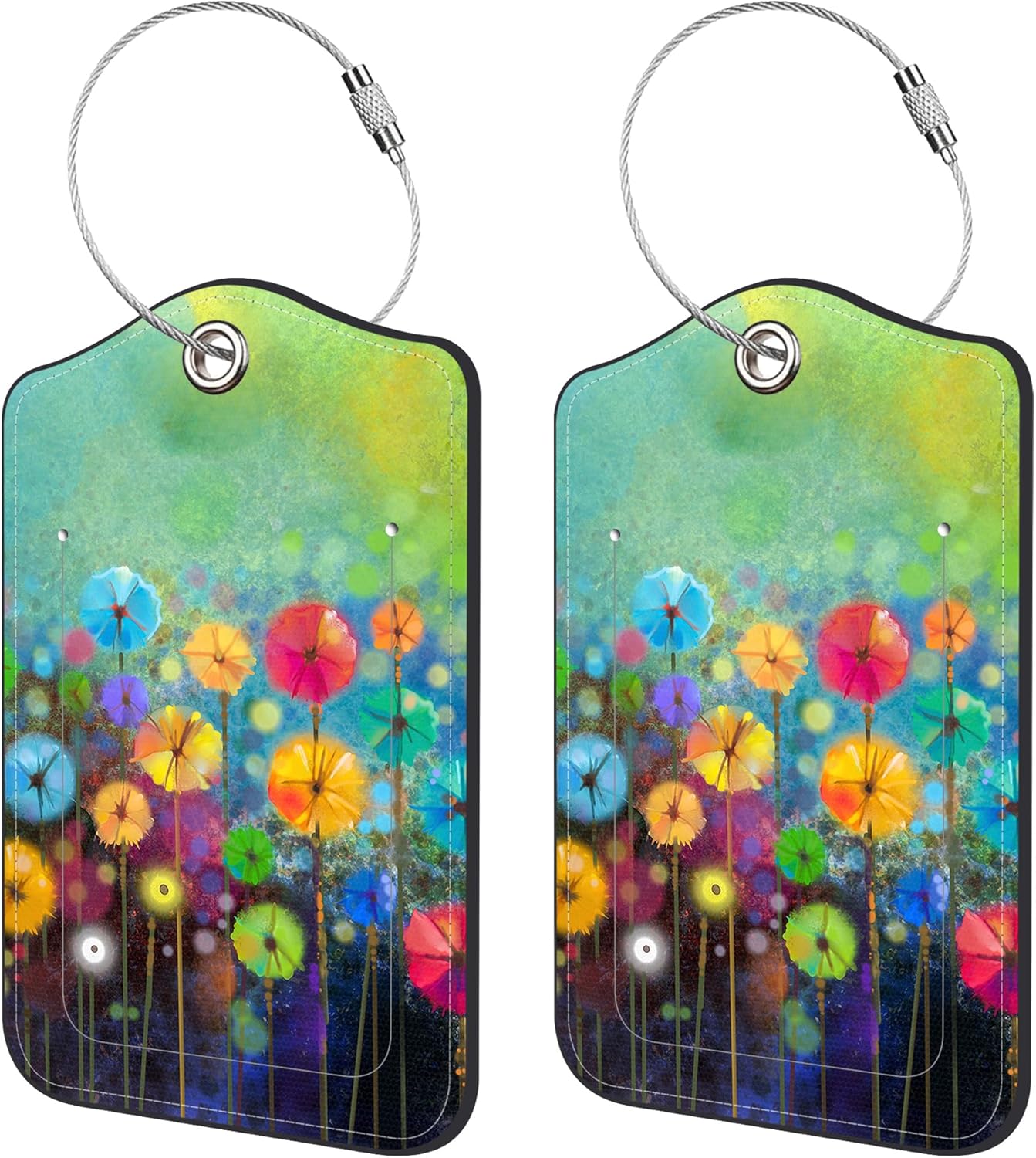 2 Pack Luggage Tags,Floral Watercolor Painting PU Leather Idea Baggage Tag with ID Labels Privacy Cover Metal Ring Men and Women Travel Bag Labels