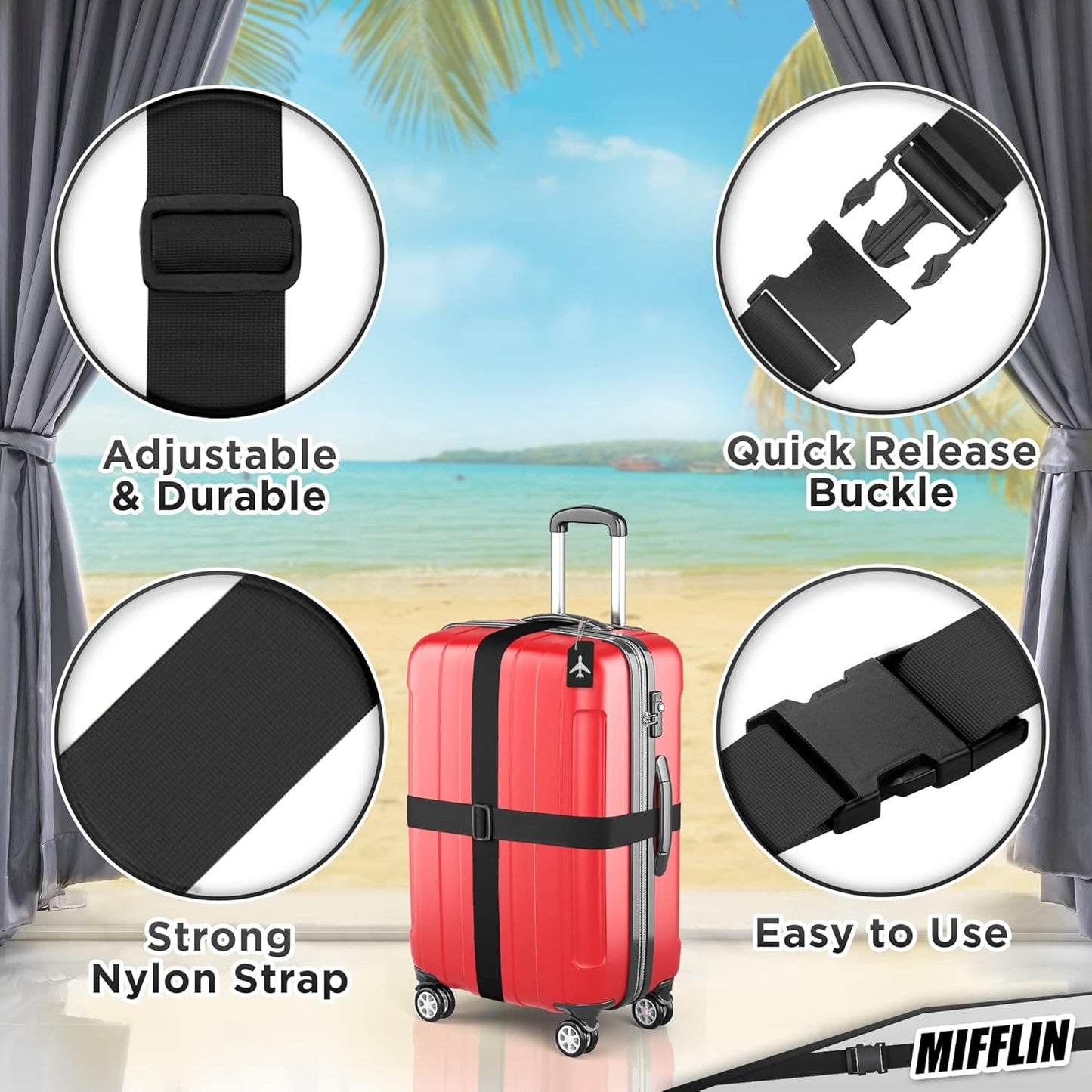 Luggage Straps - Black, 78" Long, 2 Inches Wide, 4 Pack - Adjustable Nylon Belt for Travel Suitcases & Bags - by Mifflin-USA
