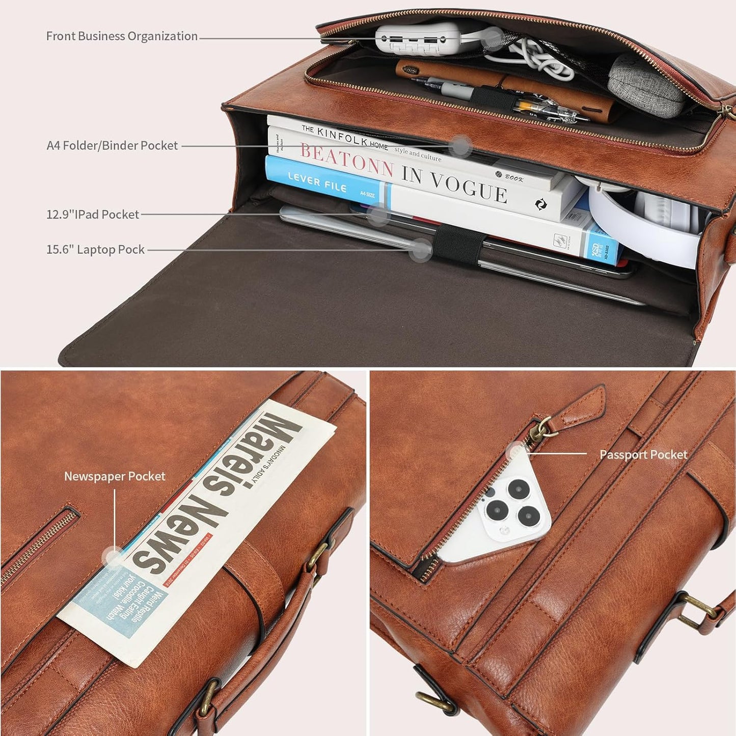 ESTARER Men's Leather Briefcase 15.6 Inch Laptop Messenger Bag for Business/Travel/Office, Professional Faux Leather Computer Satchel Shoulder Bag, Classic Brown