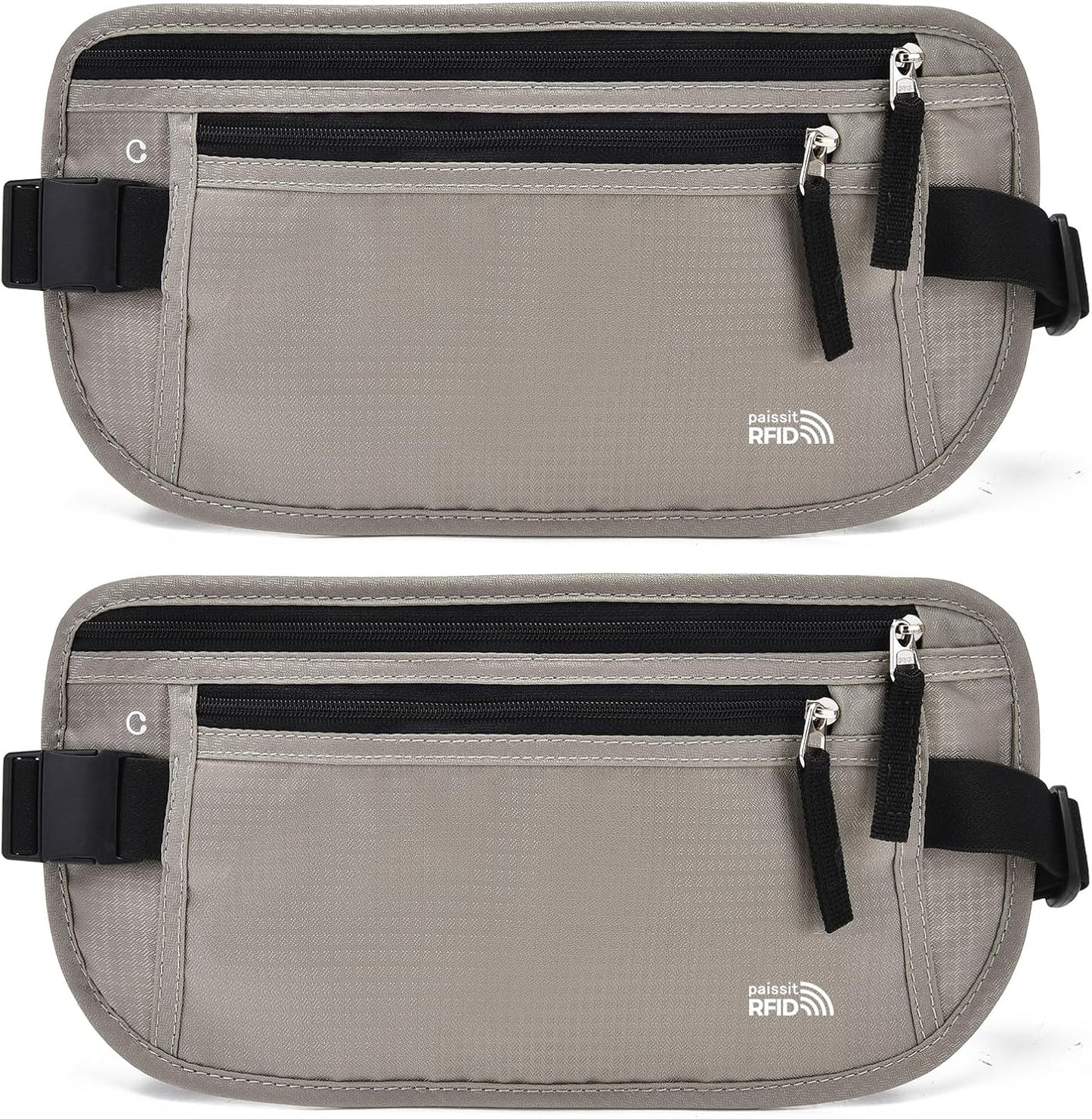 Unisex Money Belt For Men and Women, Slim Passport Holder RFID Blocking Travel Essentials Pouch with Adjustable Strap Small Waist Pouch for Workout Running Travelling Hiking, Light Grey 2 Pack