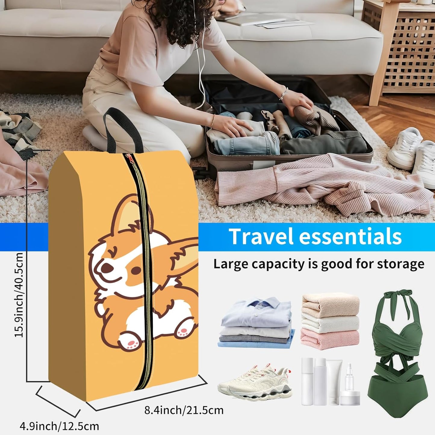 2pcs Shoe Organizer for Travel, Packing Shoe Travel Bags, Cute Shoe Bag with Zipper & Handle, Portable Travel Essentials for Women and Men Cute Corgi