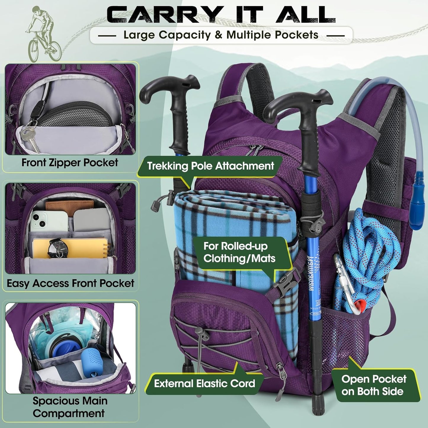 Hydration Backpack with Water Bladder, 18L Lightweight Hiking Backpack for Women&Men Small Insulated Hydration Water Pack for Hiking, Running, Cycling, Biking