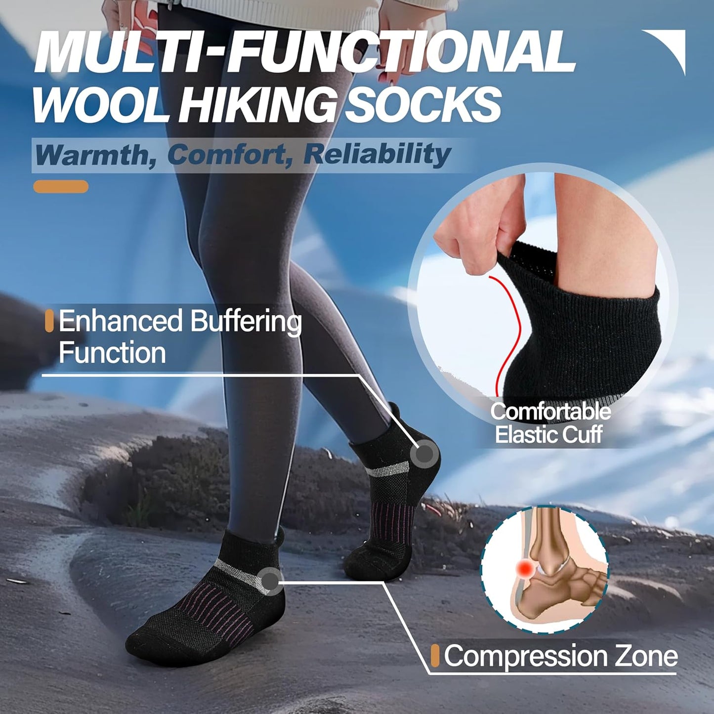 6 Pairs Merino Wool Ankle Running Hiking Socks Compression Support Breathable Thick Cushion No Show