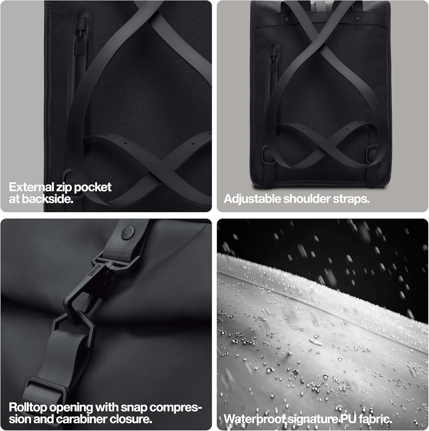 RAINS Rolltop Rucksack Mini Black Waterproof Rolltop Backpack Water Resistant Water Repellent