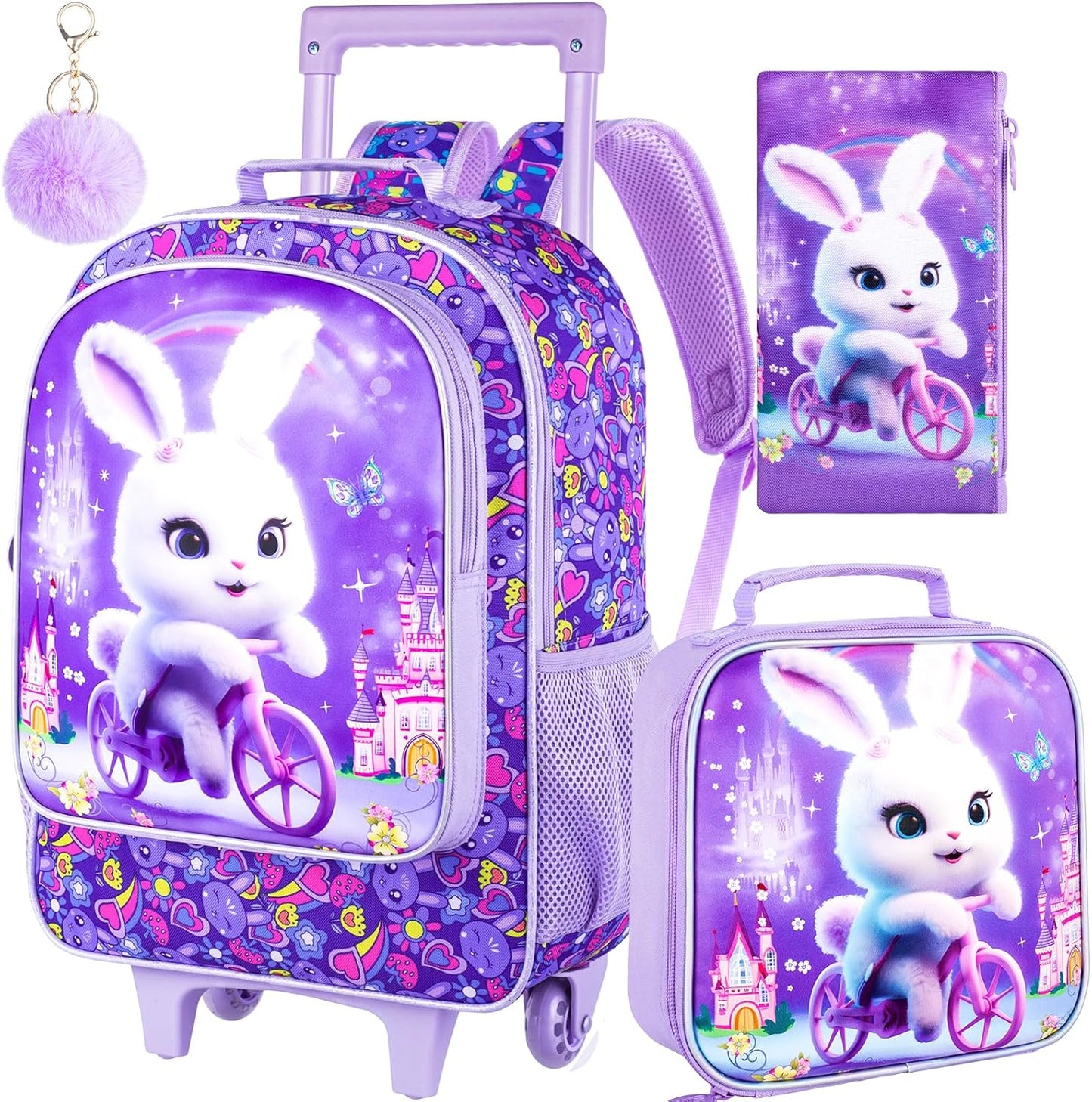 3PCS Rolling Backpack for Girls and Boys, Kids Roller Wheels Bookbag, Wheeled Elementary School Bag with Lunch Bag