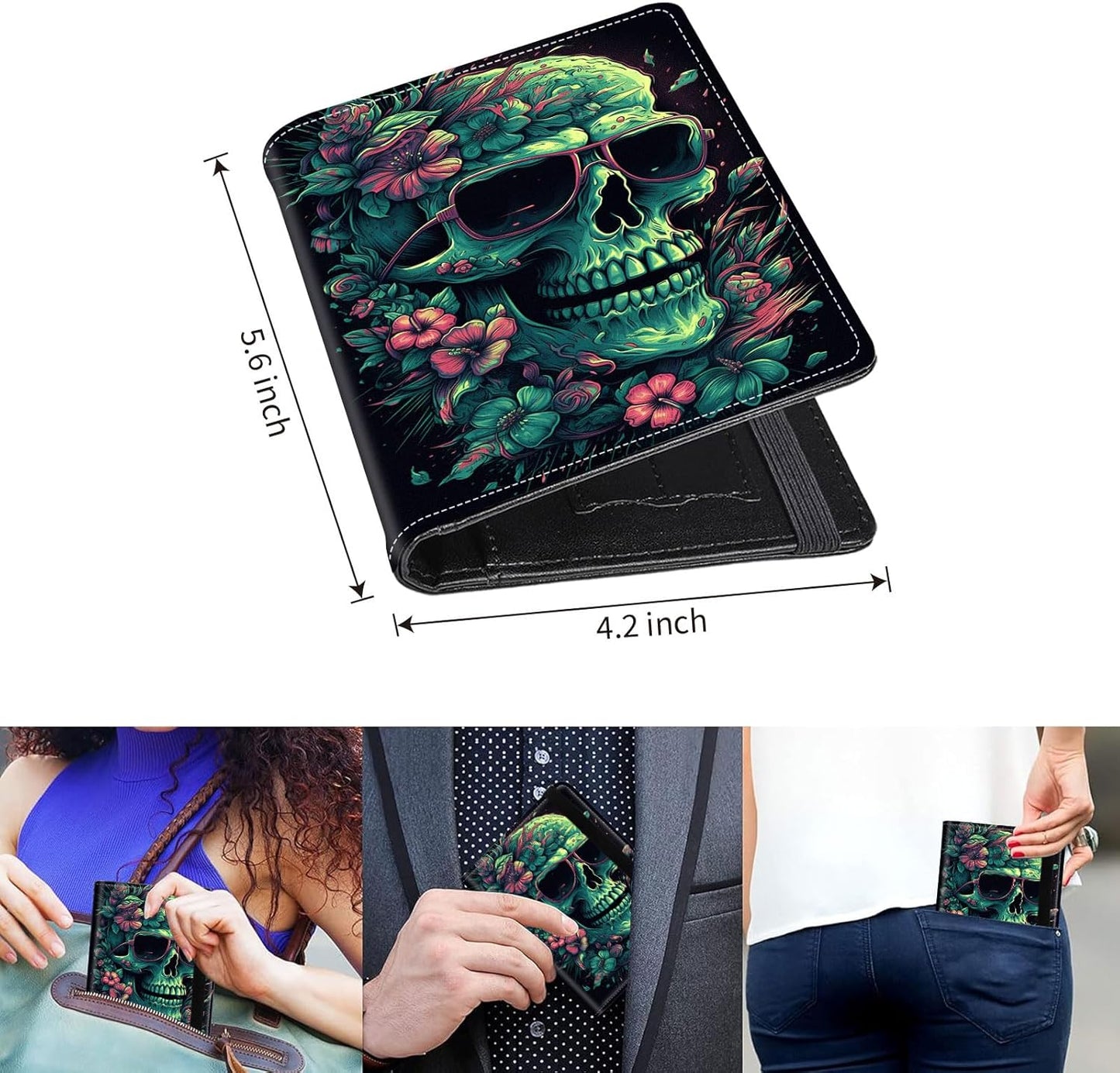 Passport Holder Cover Wallet Travel Essentials RFID Blocking Case Leather Passport Cover Wallet Vaccine Card Slot Organizer for Men Women, Cool Skull
