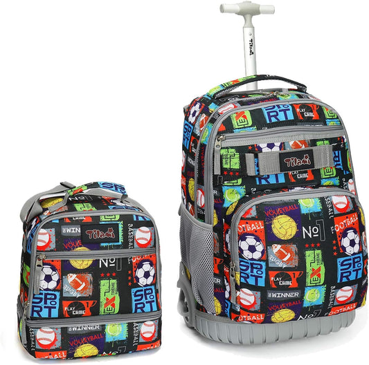 Tilami Rolling Backpack 19 inch with Lunch Bag Wheeled Laptop Backpack, Sport Balls