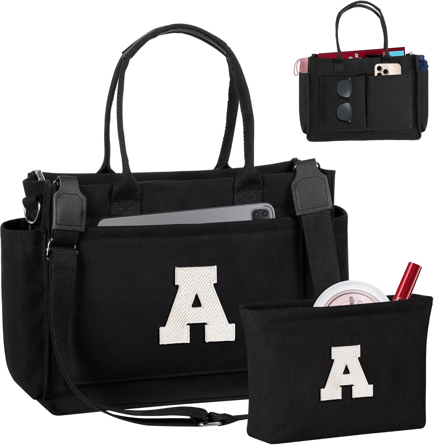 Gifts for Women Teen Girls, Initial Tote Bag with Zipper, Letter Canvas Tote Purse for College Work Laptop Beach