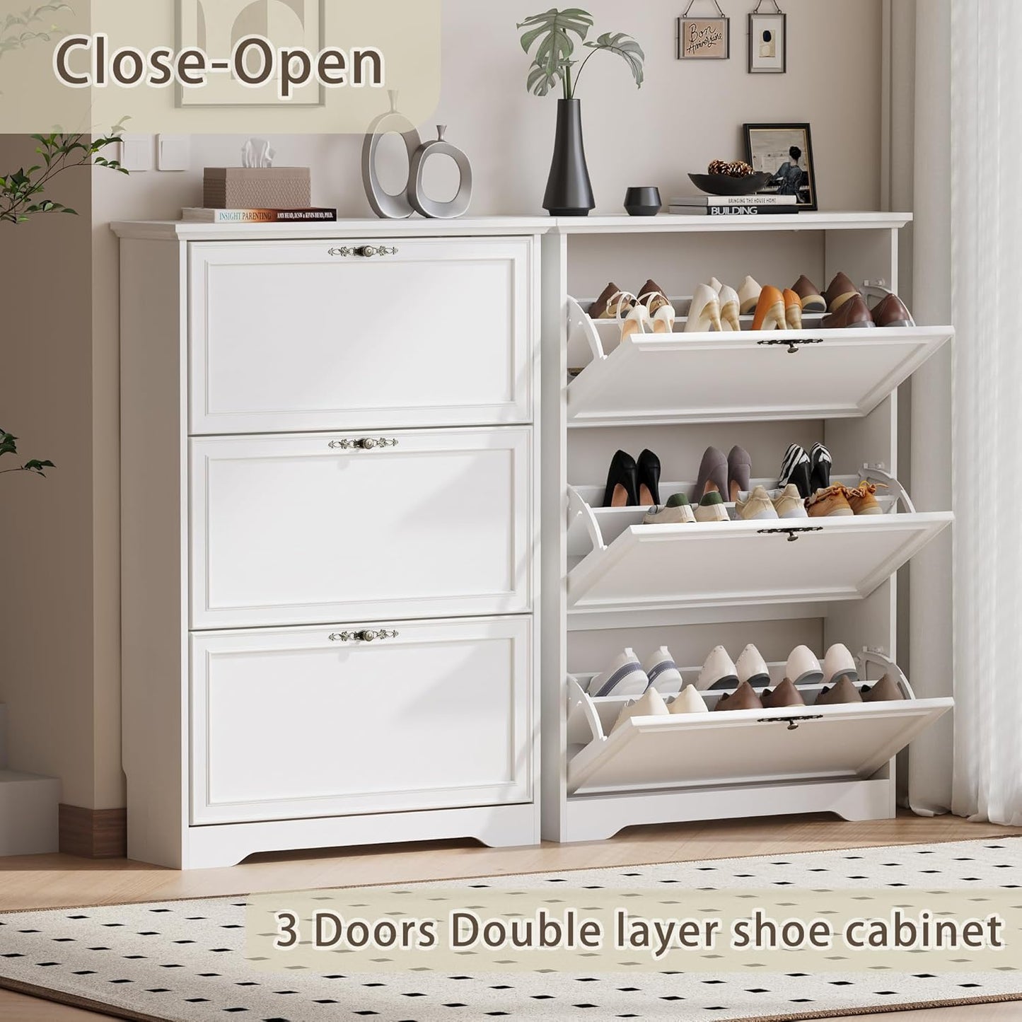 3 Flips Shoe Cabinet for Entryway, Narrow Shoe Storage Cabinet with Adjustable Shelves, Wooden Space-Saving Organizer and Rack for Foyer, Closet, Hallway