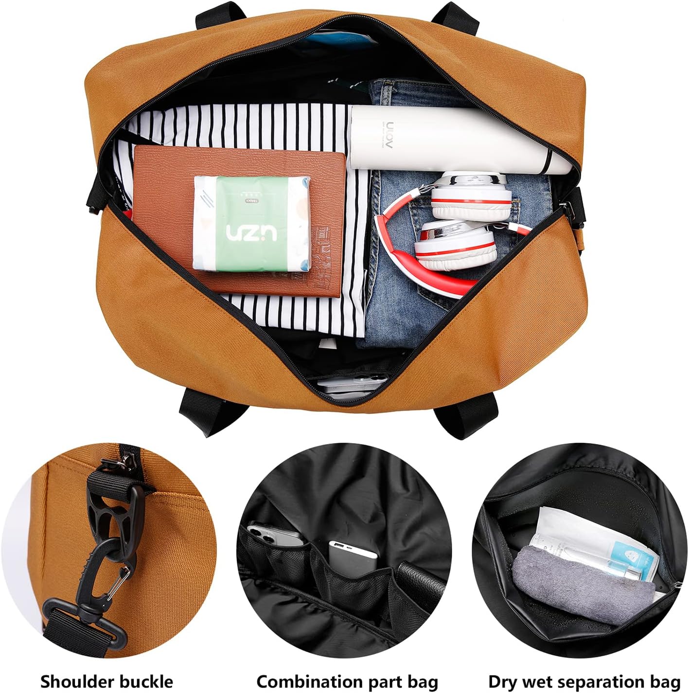 Laripwit Duffle Bag Large Size Gym Bags for Men Waterproof Travel Duffel Bag for Women Weekender Bag with Shoes Compartment Overnight Bag 55 L, Brown