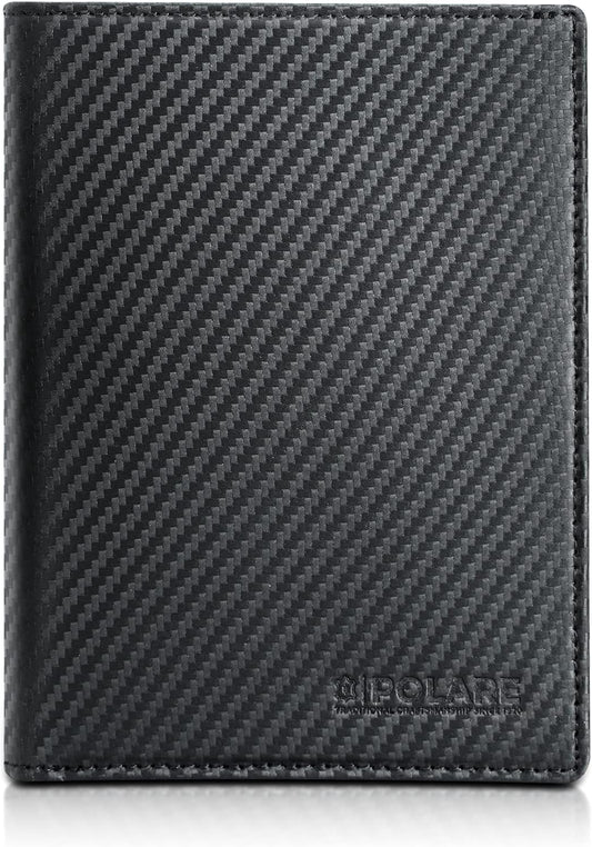 Polare Slim RFID Blocking Leather Passport Holder Travel Bifold Wallet For Men (Carbon Black)