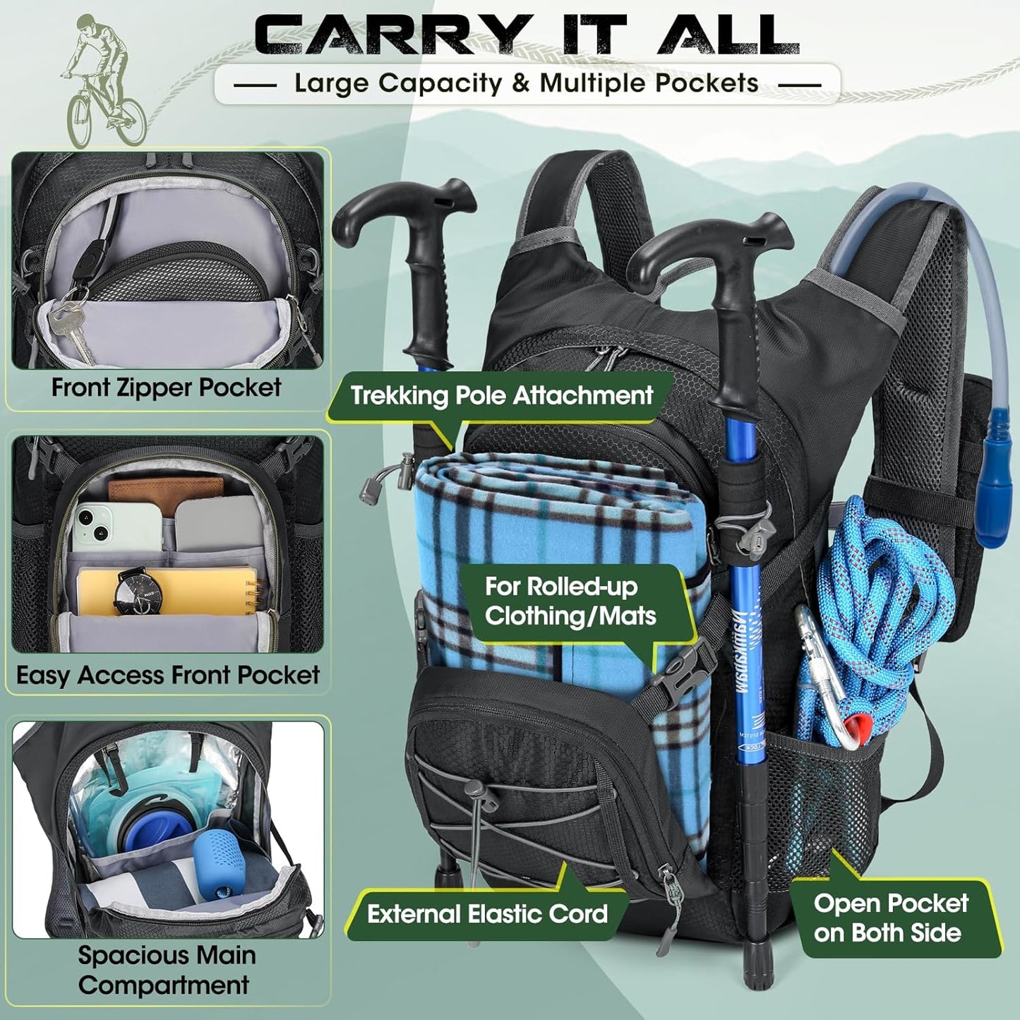 Hydration Backpack with Water Bladder, 18L Lightweight Hiking Backpack for Women&Men Small Insulated Hydration Water Pack for Hiking, Running, Cycling, Biking