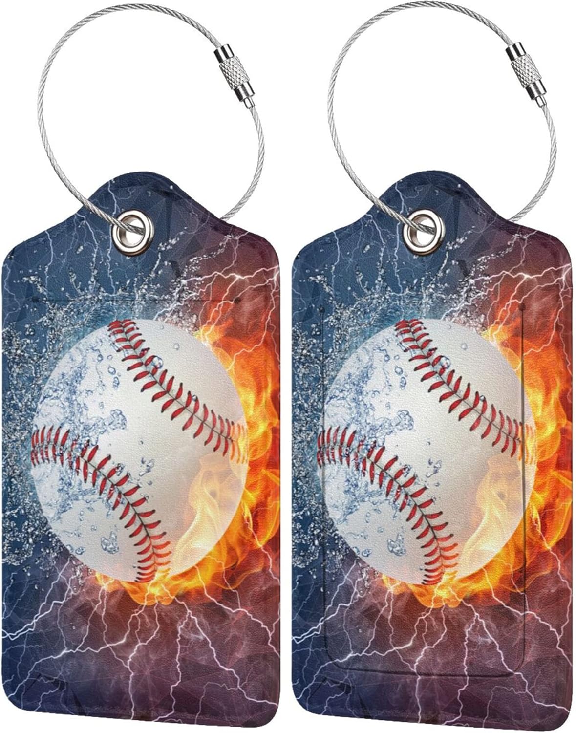 2 Packs Baseball Luggage Tags for Suitcases for Sports Men Boys Kids Travel, Name ID Card Labels Set PU Leather with Full Back Privacy Cover Stainless Steel Loop Baggage Tags