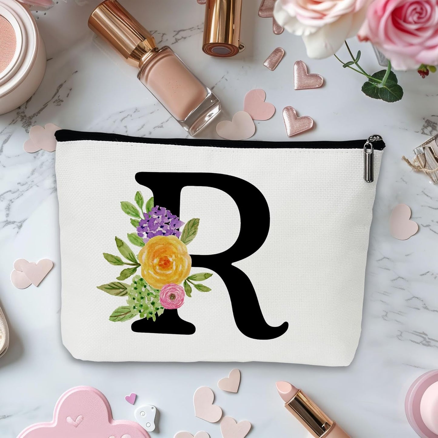 Personalized Letter R Makeup Bag for Women, Birthday Gifts for Mom, Small Zipper Pouch for Purse, Christmas Bridesmaid Friendship Gifts for Sister Daughter, Girls Weekend Gifts for Women-A18