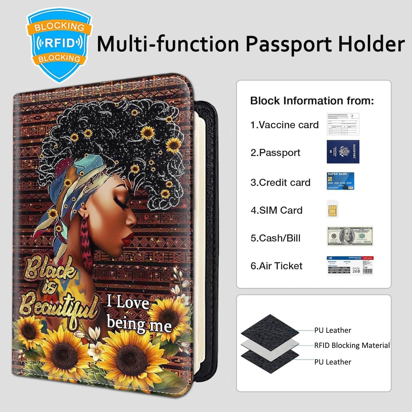 Passport Holder Women Wallet with Luggage Tag, Leather Passport Cover with RFID Blocking, Travel Accessories Multi Card Slot Passport Case for Men，African American Girl Sunflower