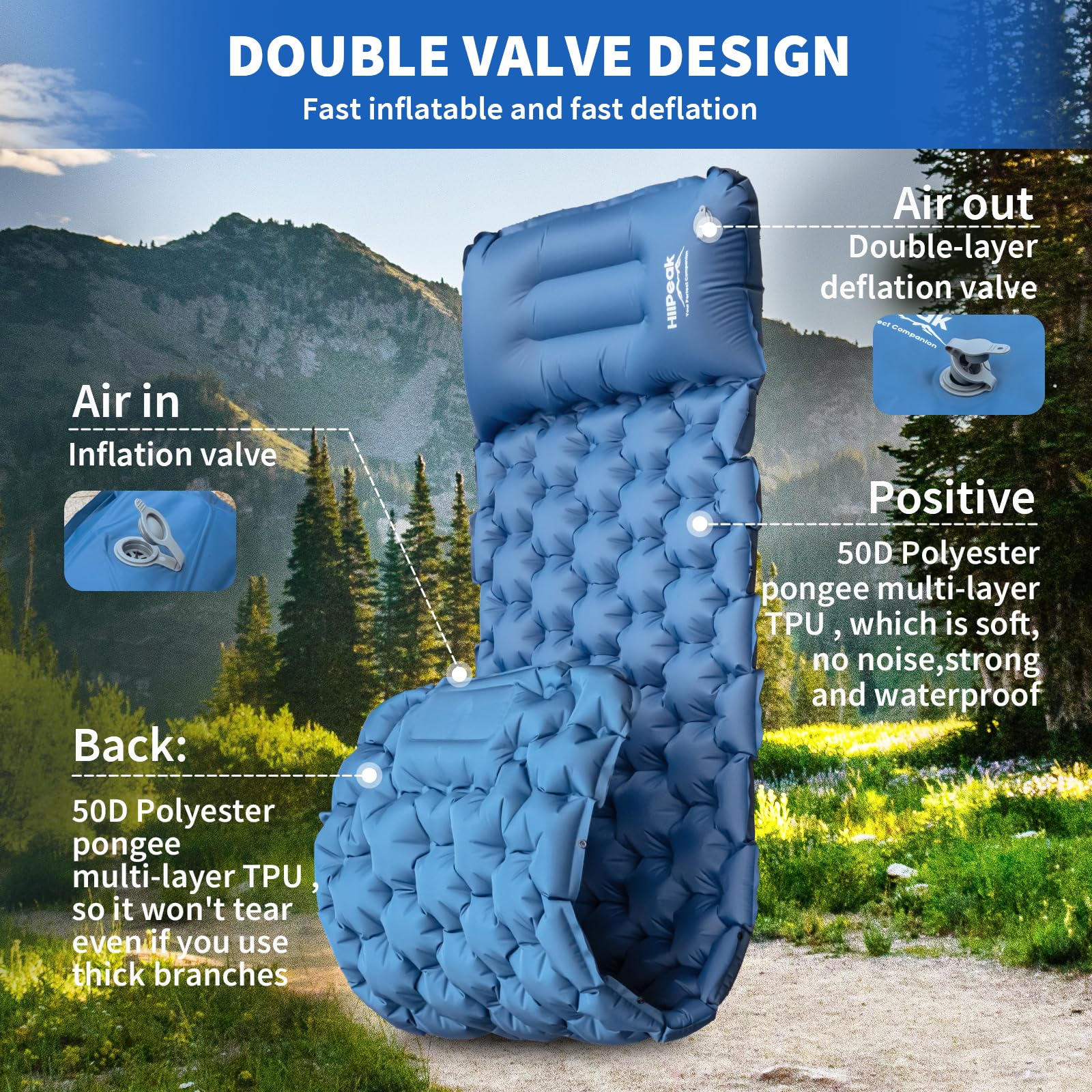 HiiPeak Sleeping Pad for Camping- Ultralight Inflatable Sleeping Mat with Built-in Foot Pump &