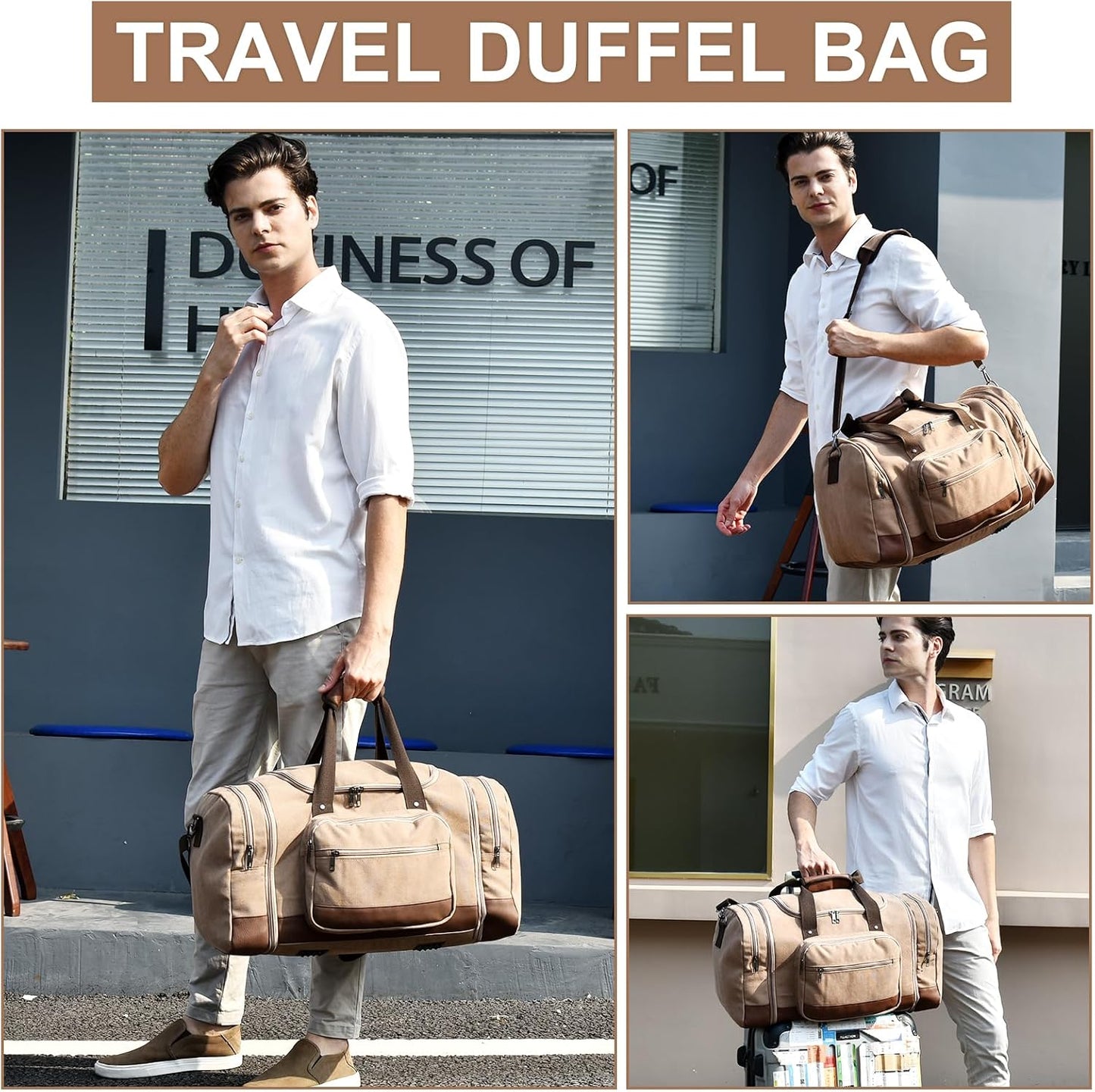 Litvyak Duffle Bag for Travel, 50L Canvas Travel Duffel Bags Overnight Weekend Gym Carry On Luggage Bag for Men & Women(Coffee)