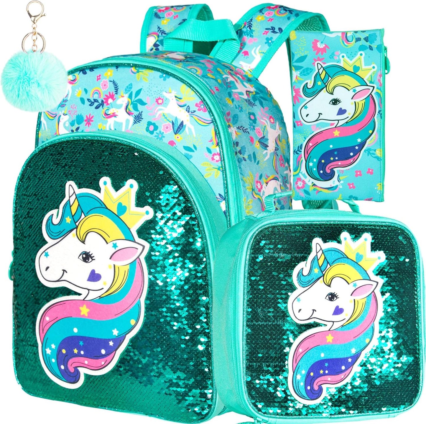 3PCS Kids Backpacks for Girls, 16" Little Kid Preschool School Bookbag and Lunch Box - Unicorn/Mermaid/Flamingo