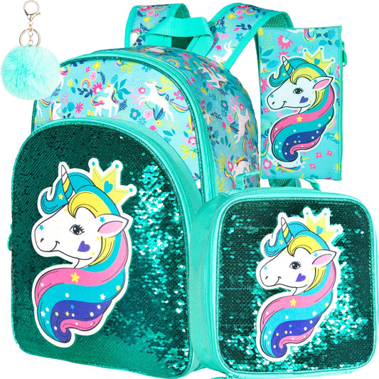 3PCS Kids Backpacks for Girls, 16" Little Kid Preschool School Bookbag and Lunch Box - Unicorn/Mermaid/Flamingo