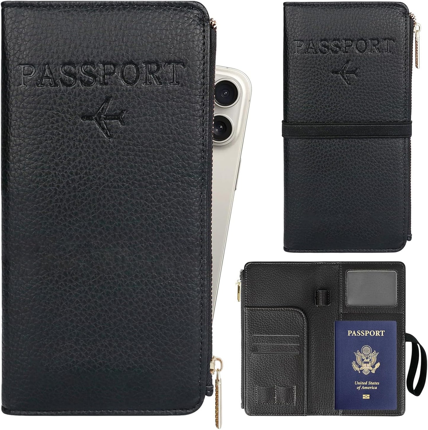Real Leather Wallet RFID Blocking Passport Holder with Zipper Pocket Travel Organizer Pink (Black)