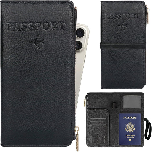 Real Leather Wallet RFID Blocking Passport Holder with Zipper Pocket Travel Organizer Pink (Black)