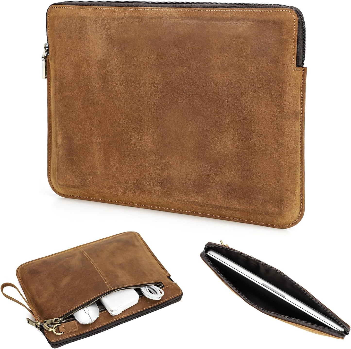 Top Grain Leather 13.3" Slim Laptop Sleeve Bag, Vintage Design with 2 Zip Pockets, Fully Handmade, Compatible with MacBook Pro 13.3" MacBook Air 2022 DELL XPS 13" & other PC, Brown 13.3 Inch
