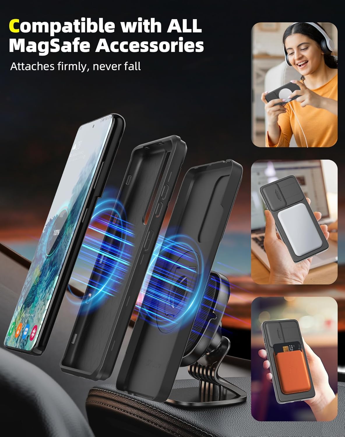 for Samsung Galaxy S20 FE Case Magnetic Compatible with MagSafe Wireless Charging,with 2 Screen Protectors,Built-in Stand Ring+Camera Cover Anti-Scratch Shockproof Heavy Duty Protection Black