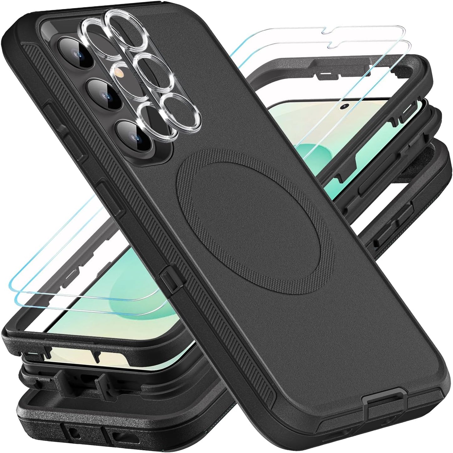 for Samsung Galaxy S25 Plus Case, Compatible with Magsafe, Military Grade 3 in 1 Heavy Duty Case with 2Pcs Tempered Glass Screen Protector & Camera Lens Protector (New-Black/Black)