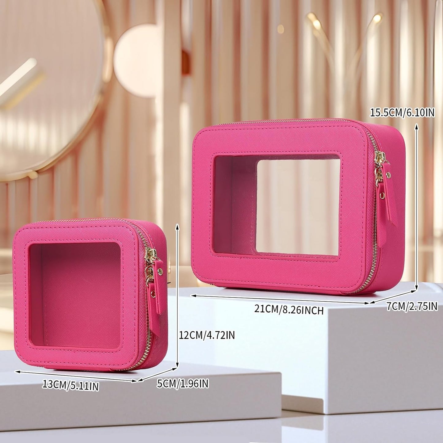 Clear Makeup Bag Set Travel Cosmetic Bag and Toiletry Bag Women's Purse Pouch Cosmetic Stroage Organizer Case with Zipper Car Essentials (Fuxia, M+Mini)