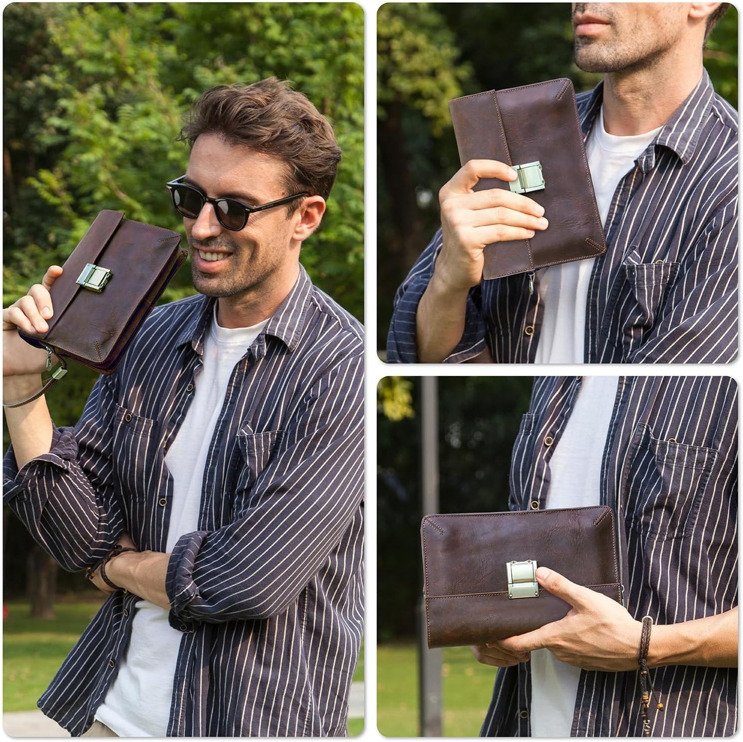Top Grain Genuine Leather Handbag Wallet with Wristlet for Man & Woman, Handmade Vintage Design, Combination Lock & Multi Pockets/Slots, RFID Large Capacity for Card/Check/Banknote/Passport, Red Brown