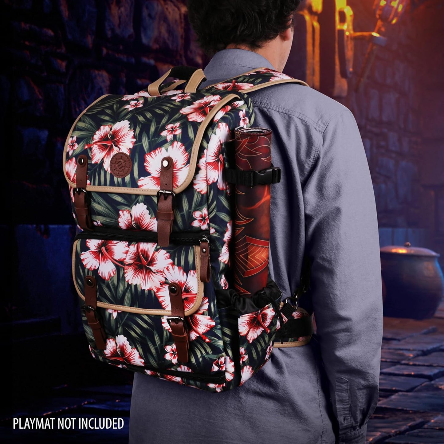 ENHANCE Designer Edition TCG Backpack - MTG Deck Bag Card Binder Space, TCG Deck Box Storage, MTG Playmat Holder - Card Storage Compatible with Magic the Gathering, Pokemon, Lorcana (Canvas Tropical)