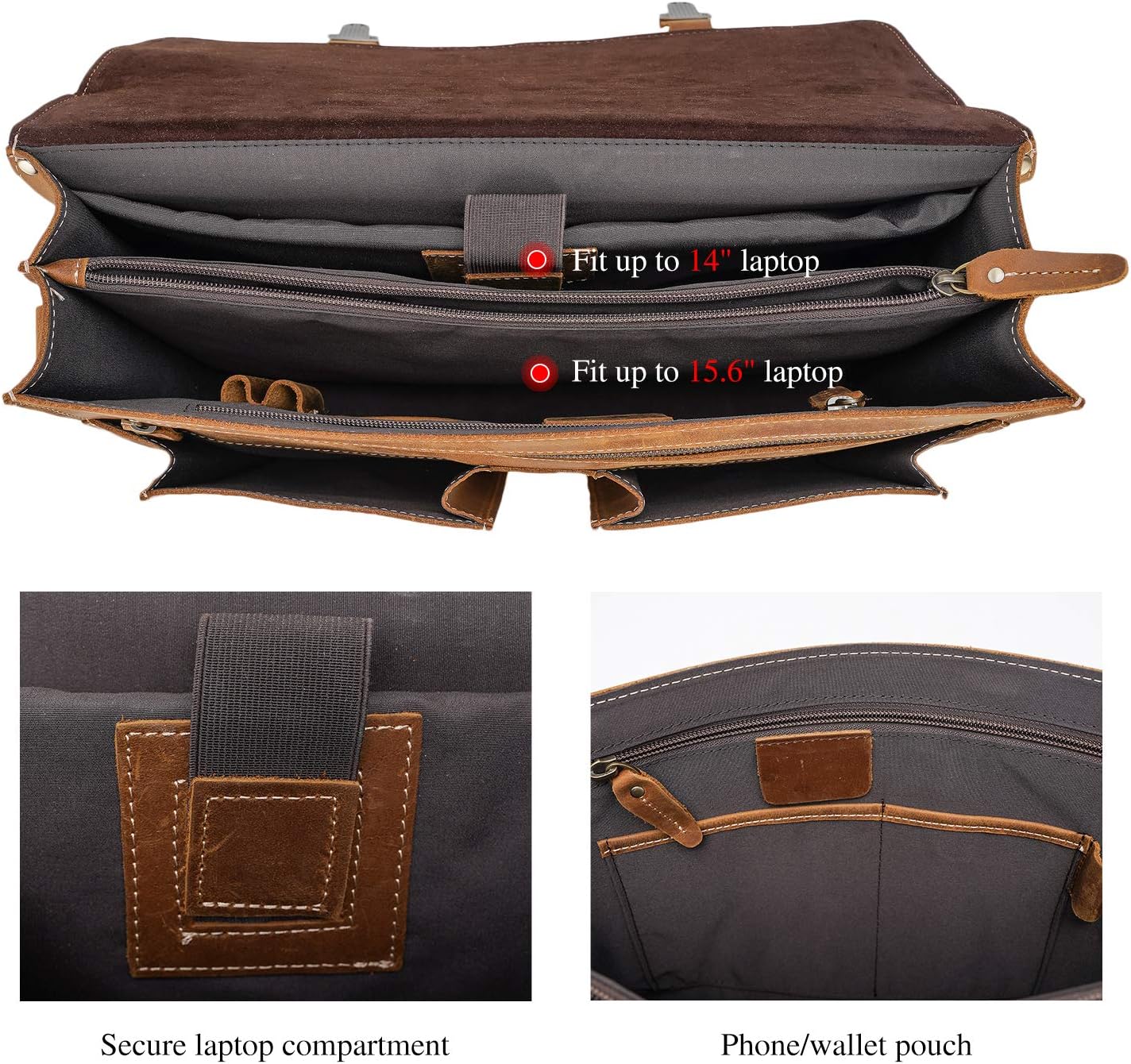 Polare 16" Full Grain Leather Messenger Bag Laptop Briefcase Bag Professional Work Bag For Men with YKK Zippers