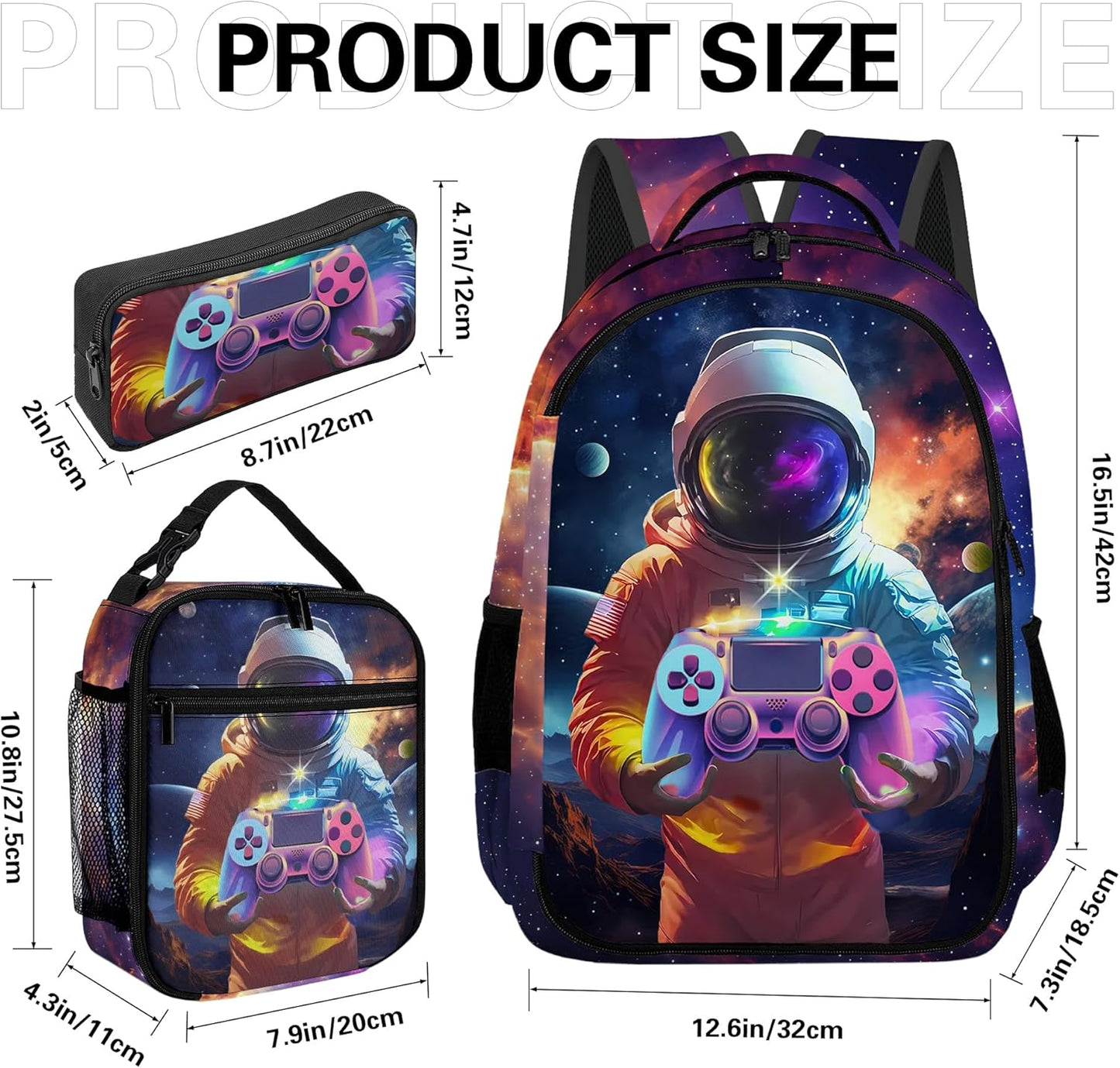 Game Backpack Set for Boys, Gaming Backpack 3 Pack, Boys Lunch Box, and Pencil Bag for Kids, 17"