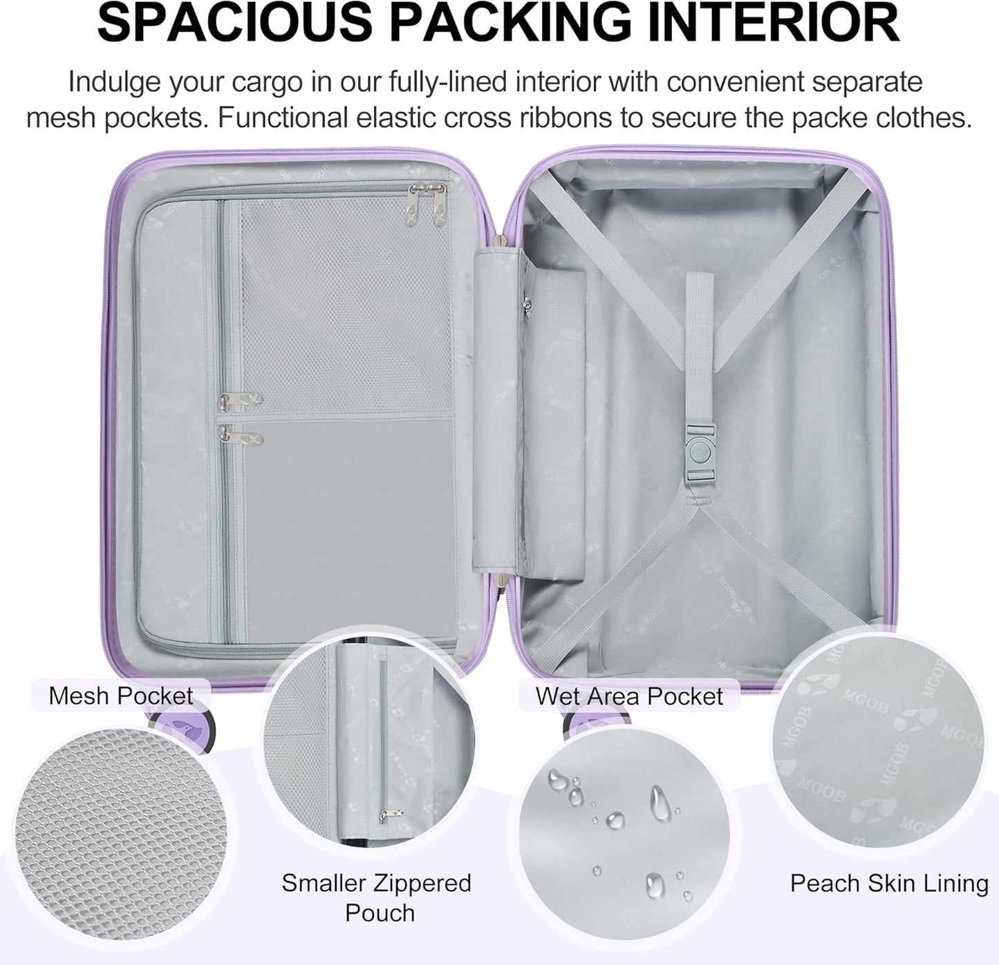 MGB Hardside Carry On Luggage with Spinner Wheels & Built-in TSA Lock, Durable Suitcase Rolling