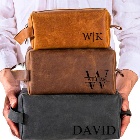 Personalized Leather Toiletry Bag for Men – Custom Engraved Shaving Dopp Kit with Name or Initial, Travel Gift for Groomsmen, Husband, Dad, Boyfriend, Birthday, Christmas, Anniversary, Gifts for Men