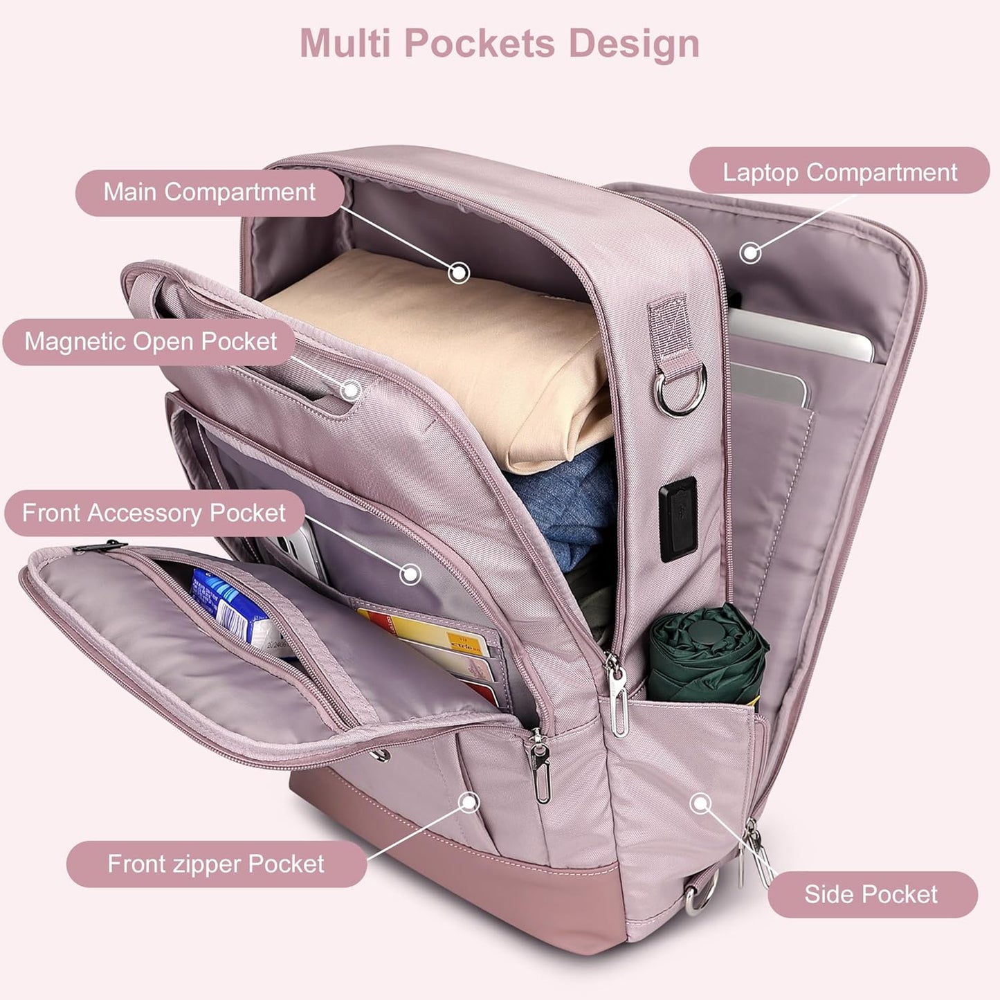 PIJUSHI Laptop Backpack for Women Men Personal Item Travel Backpack Convertible Carry on Bag Flight Approved(PE042 Ashen Purple)