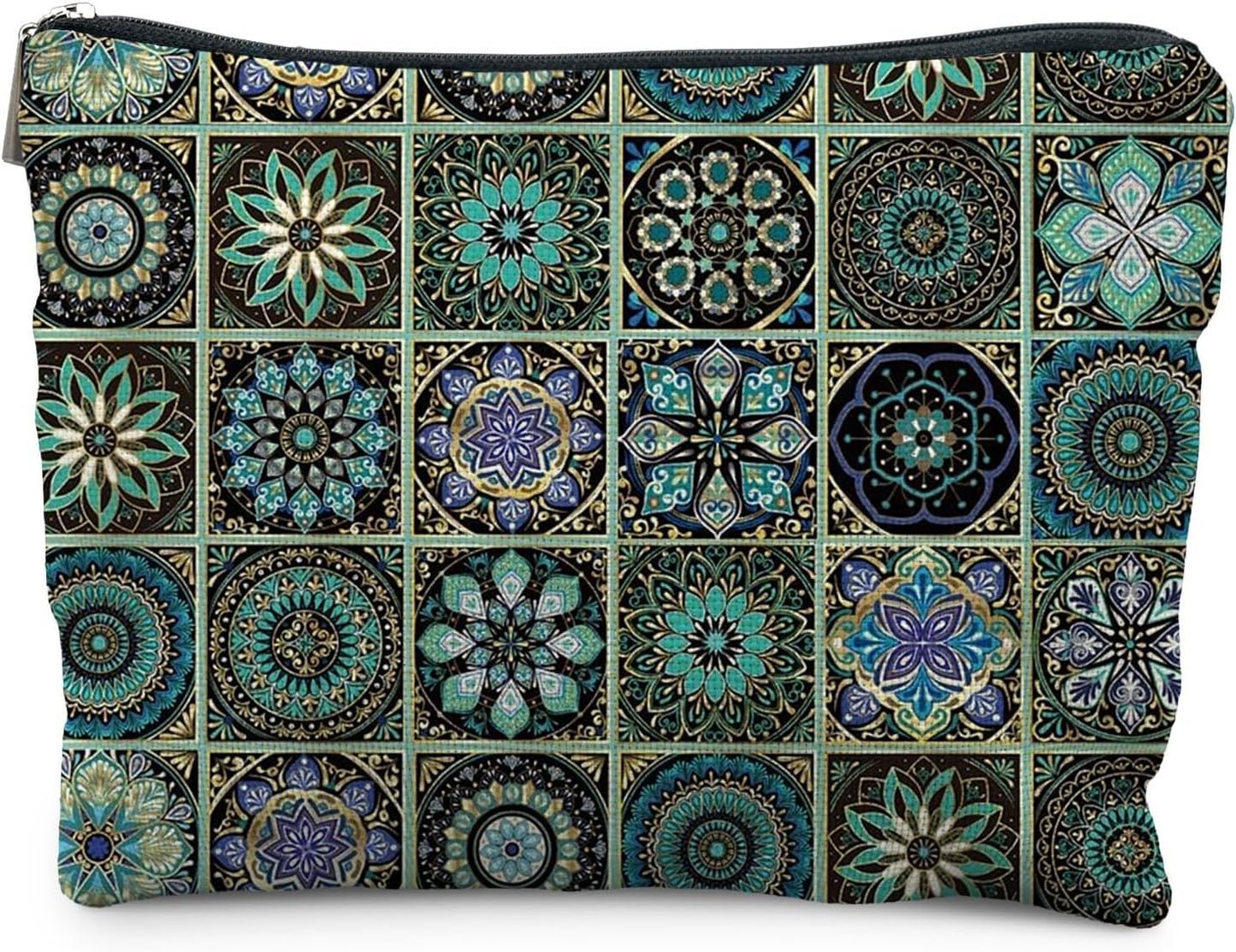 Vintage Boho Mandala Floral Makeup Bag, Ethnic Moroccan Mexican Talavera Tile Cosmetic Bags for Women, Mexican Gifts for Women, Traditional Green Block Print Zipper Makeup Pouch