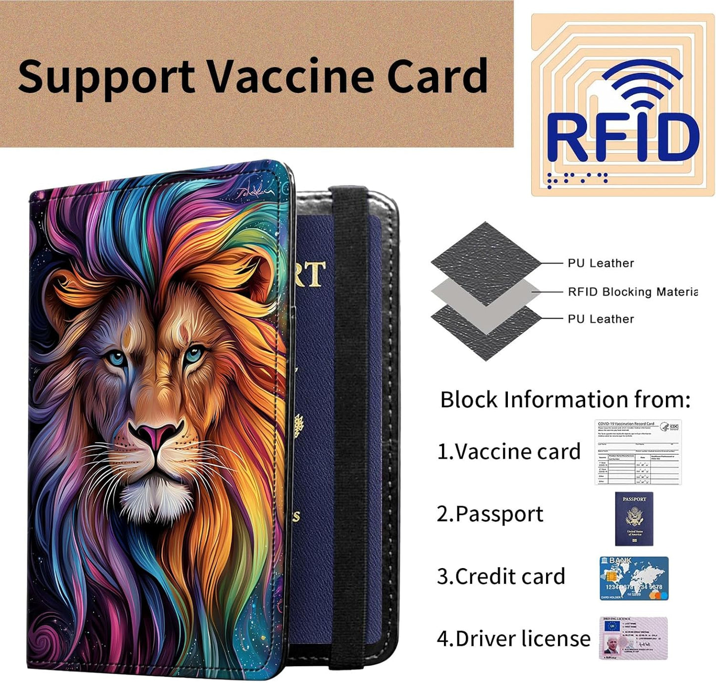 Passport and Vaccine Card Holder Cover Combo,Travel Passport Holder Wallet with RFID Blocking, Leather Vaccine Card Slot Passport Cover Case for Women & Men,Majestic Colorful Lion