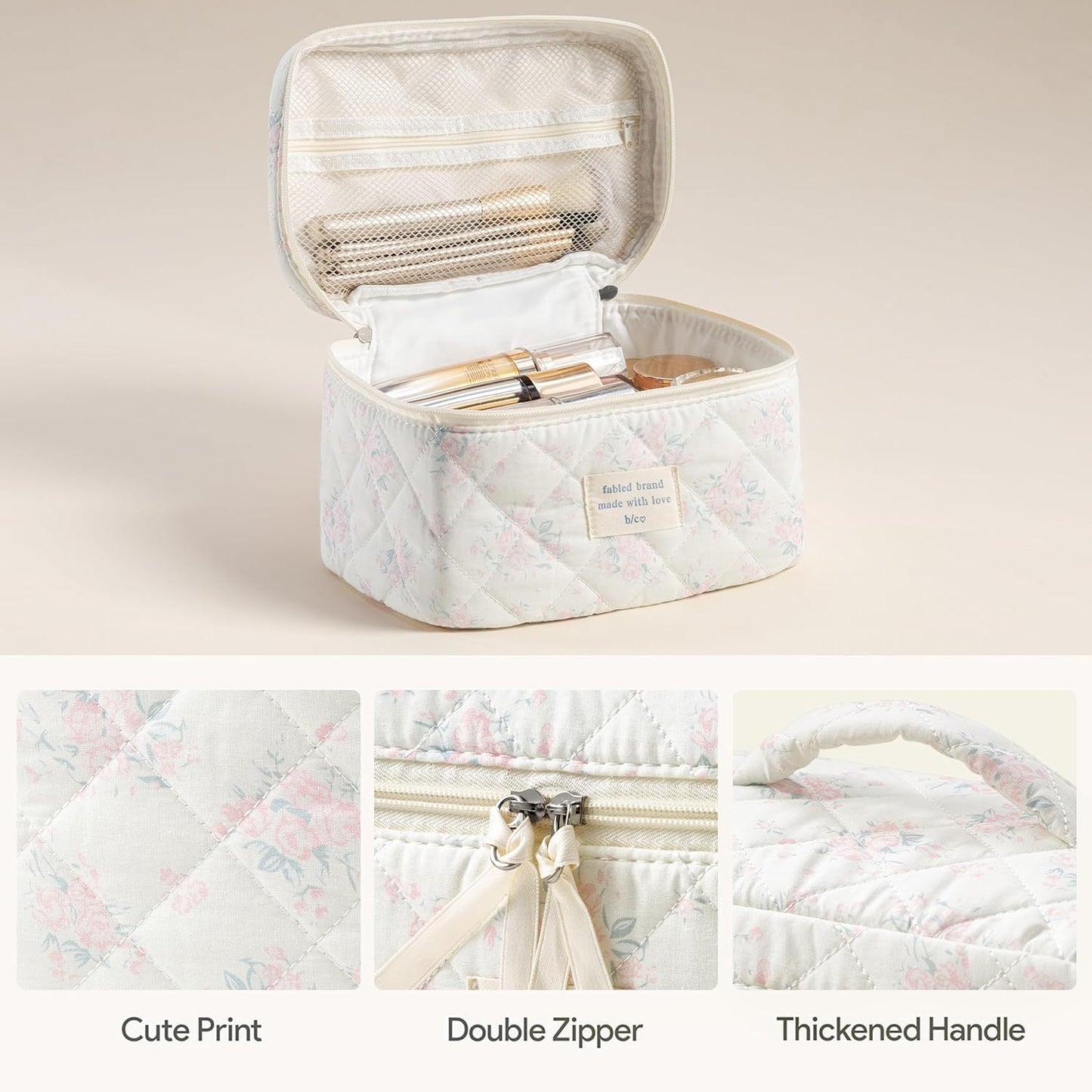 HBselect Quilted Makeup Bag, 3PCS Cotton Large Travel Makeup Bag, Cute Floral Coquette Make up Bag Cosmetic Bag Toiletry Bag for Women Girls