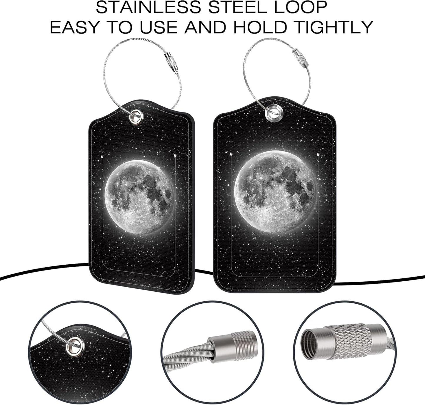 2 Pack Luggage Tags for Suitcase,Full Moon PU Leather Idea Baggage Tag with Name Labels Privacy Cover Metal Ring Men and Women Travel Cruise Labels