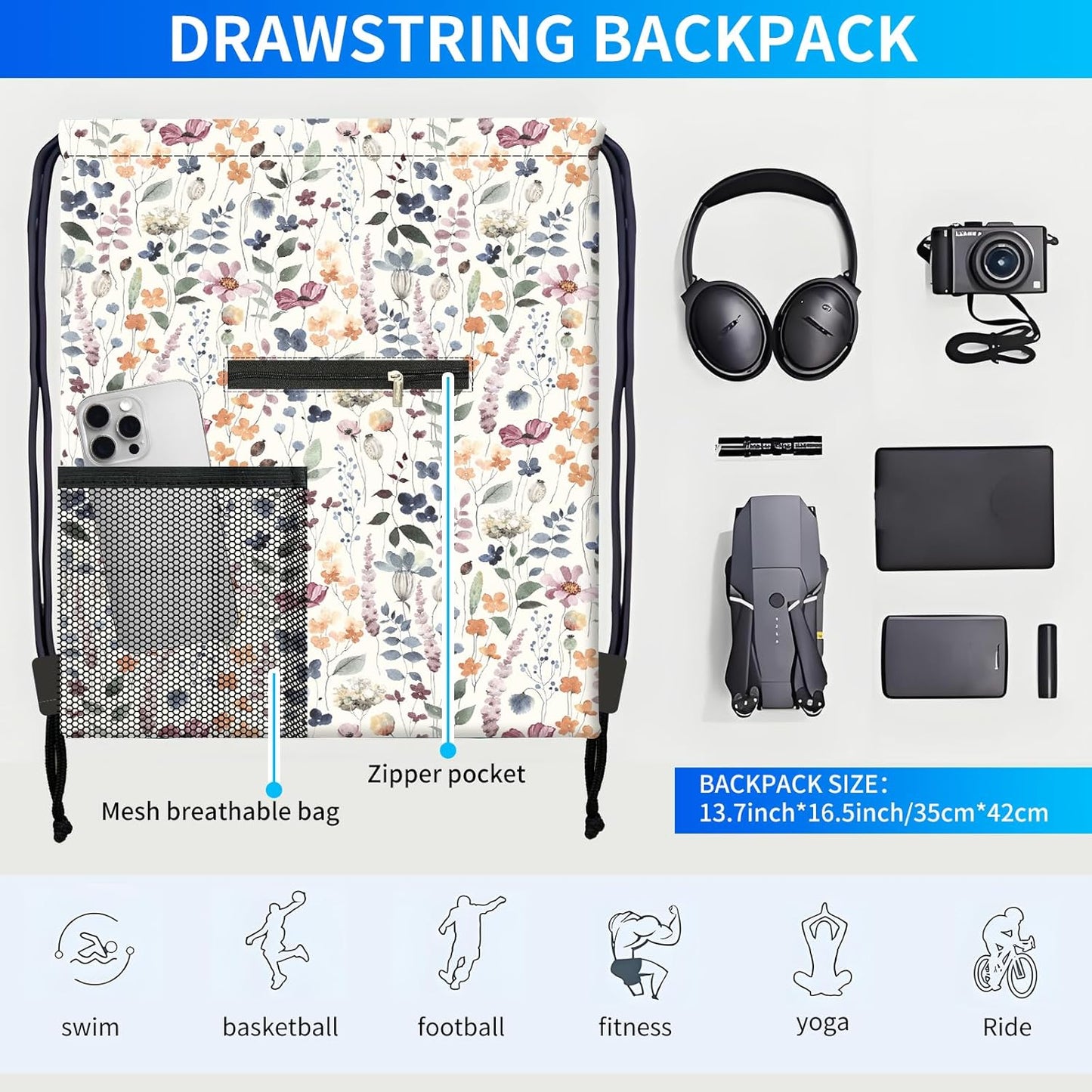 Drawstring Backpack Sports Gym Bag, Large String Swim Bag for Beach With Water Bottle Mesh Pocket, Cute Gym Sack with Zipper Pocket for Men Women Boho Flowers
