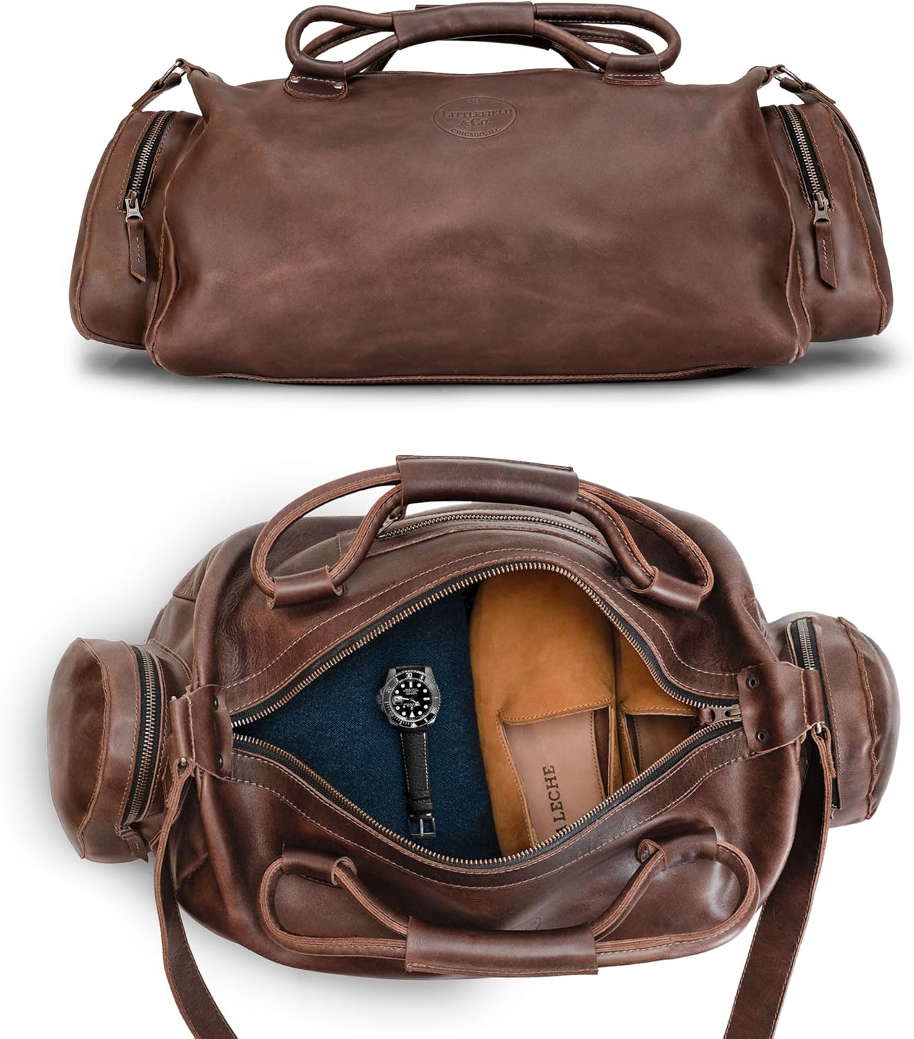 Littlefield & Co., Classic Shoulder Bag for Travel, Weekender Bag, Duffle Bag, Carry-On Case, Full Grain Leather, Handmade, Bourbon Brown