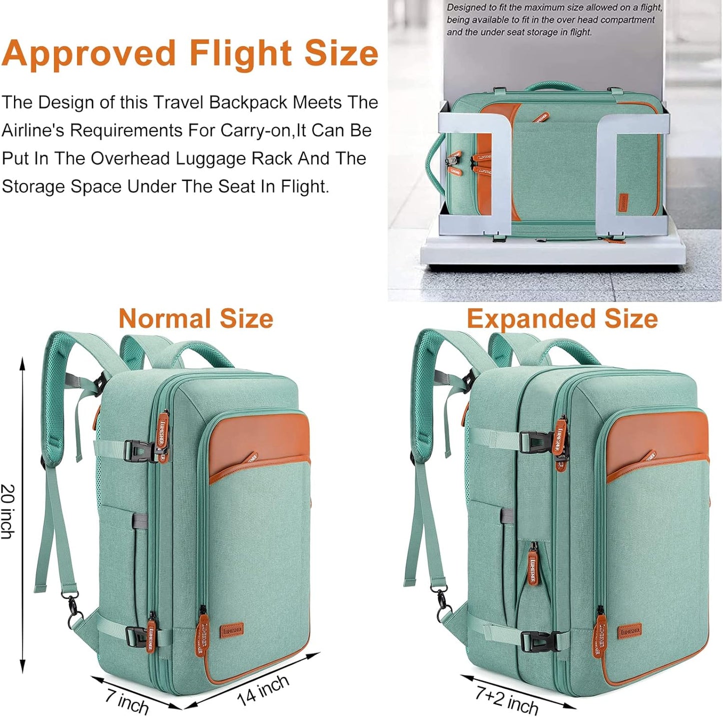 Lumesner Carry on Travel Backpacks, Extra Large 40L Flight Approved for Men & Women,Expandable Suitcase backpack (Green (Backpack With 4 Packing Cubes))