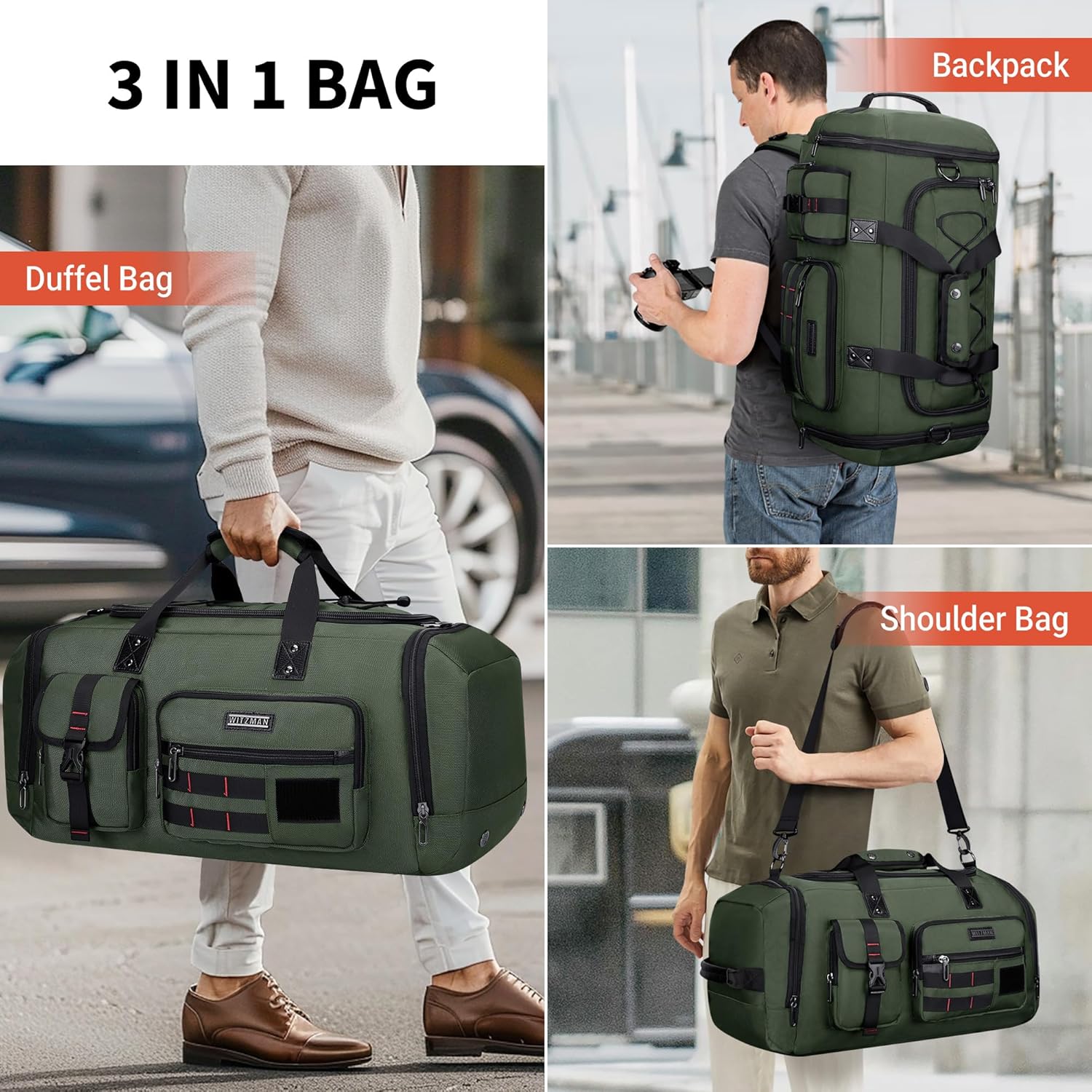 WITZMAN Travel Duffel Bags for Men Large Carry On Weekender Overnight Bag 3 in 1 Backpack with Shoe